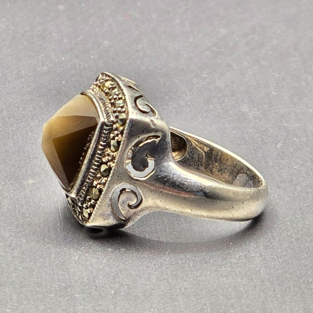Sterling Silver 925 Smokey Quartz Marcasite Ring Size 8 Checkerboard Dome 7.02g - Picture 4 of 15